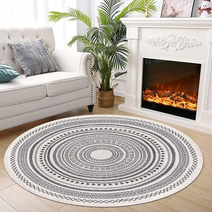 Grey Round Woven Cotton Rug with Fringes 120cm Washable Absorbent Rug Moroccan Style Print 120*120CM—yux 120*120CM