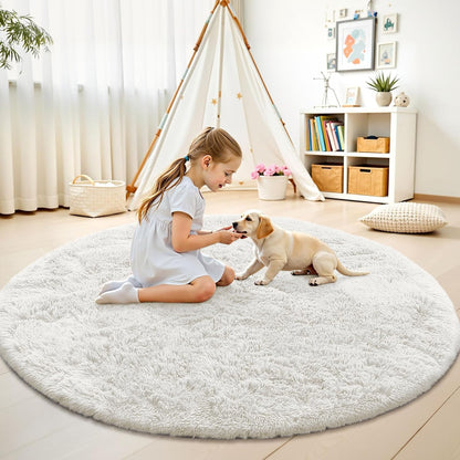Cream White Round Rugs for Bedroom, 4 Ft Machine Washable Circle Area Rugs for Living Room, Non-Slip Fluffy Carpet for Teen Girls and Boys, Dorms, Nursery Rooms, Home Decor Aesthetic